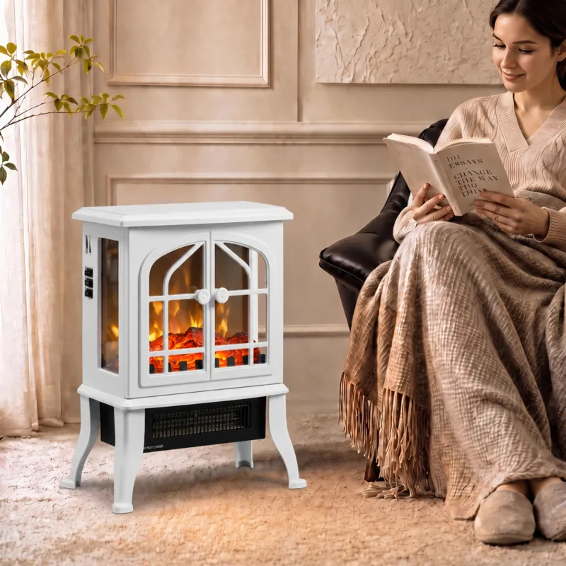 Chimenea Eléctrica de Pie 900/1800W Efecto Llama 3D Termostato Ajustable Ventanas Visibles para 15-30 ㎡ Blanco - Ogal.Es