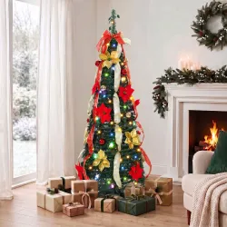 Árbol de Navidad Desplegable 150 cm con 70 Luces LED 11 Modos Mando a Distancia y Decoración Incluida Verde - Ogal.Es