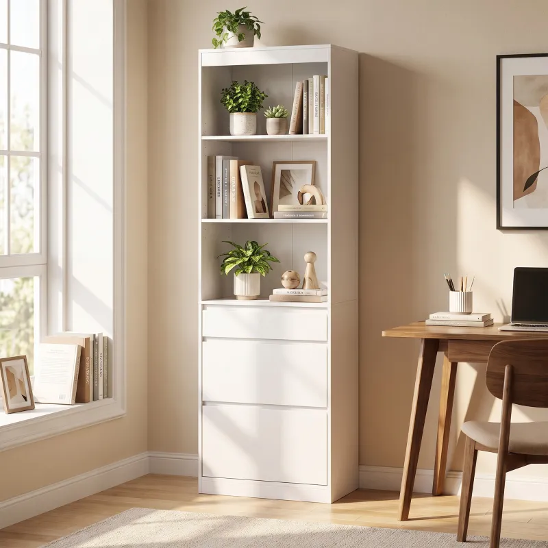 Estantería para Libros Alta y Estrecha Librería 6 Niveles con 3 Cajones 3 Compartimentos Abiertos 57x30x180 cm B... - Ogal.Es