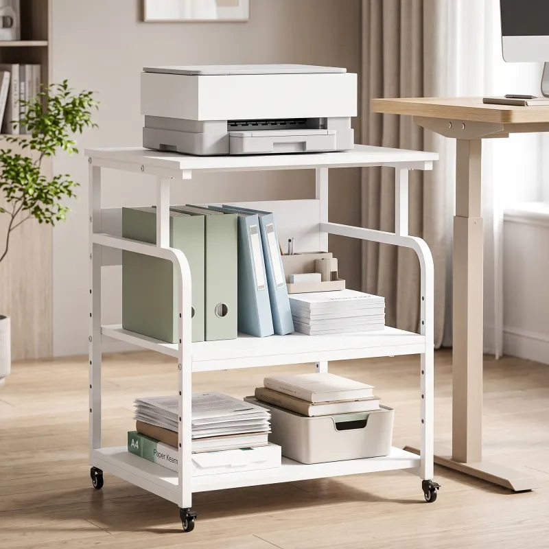 Soporte para Impresora con Ruedas 3 Niveles y Estante Ajustable 60x50x68 cmBlanco - Ogal.Es