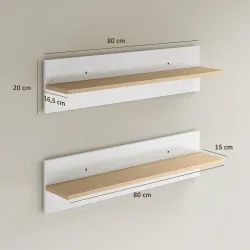 Set de 2 Estantes de Pared Flotantes de 80 cm para Sala de Estar Entrada Dormitorio Carga 3 kg Blanco y Natural - Ogal.Es