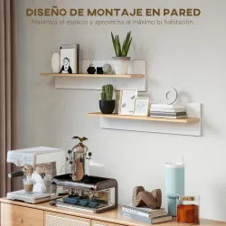 Set de 2 Estantes de Pared Flotantes de 80 cm para Sala de Estar Entrada Dormitorio Carga 3 kg Blanco y Natural - Ogal.Es