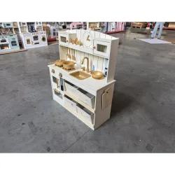 Cocina de Juguete de Madera con Luces y Sonidos 4 Cestas de Tela 2 Fogones Fregadero Microondas 3-6 Años Crema - Ogal.Es