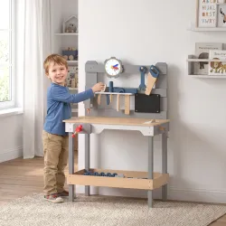Banco de Herramientas para Niños de Madera con Pizarra 15 Accesorios Reloj con Agujas Móviles Estante 3-6 años Gris - Ogal.Es