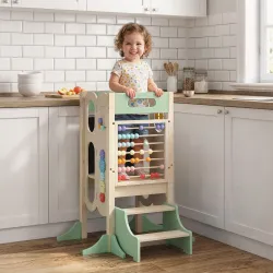 Torre de Aprendizaje 6 en 1 Montessori Plegable 3 Alturas con Pizarra Ábaco Reloj Escalones Desmontables 2-6 Año... - Ogal.Es