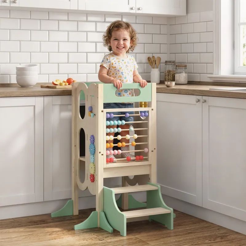 Torre de Aprendizaje 6 en 1 Montessori Plegable 3 Alturas con Pizarra Ábaco Reloj Escalones Desmontables 2-6 Año... - Ogal.Es