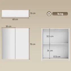 Armario de Baño con Espejo de Pared con 2 Puertas y Estante Ajustable Cierre Suave 60x15x70 cm Blanco - Ogal.Es
