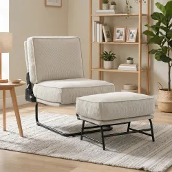 Sillón con Reposapiés Respaldo Ajustable Sillón de Lectura de Pana con Asiento Ancho Acolchado Grueso Crema - Ogal.Es