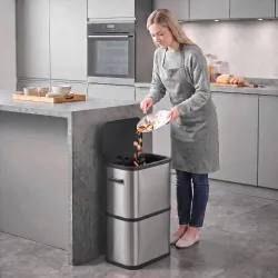 Cubo de Basura de Cocina de 60L de Acero Inoxidable con Sujetabolsas Tapa de Cierre Suave y Apertura Táctil Plata - Ogal.Es