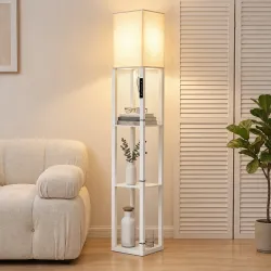 Lámpara de Pie con 3 Estantes Luz LED Regulable Control Táctil y Remoto Pantalla de Tela Bombilla Incluida Blanco - Ogal.Es