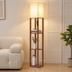 Lámpara de Pie con 3 Estantes Luz LED Regulable Control Táctil y Remoto Pantalla de Tela Bombilla Incluida Marrón - Ogal.Es
