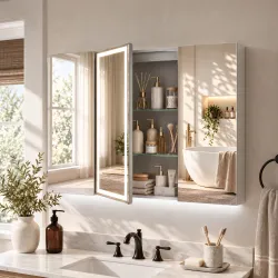 Armario de Baño con Espejo de LED Toma de Corriente 3 Puertas Antivaho Estantes Ajustables de Vidrio Templado Bl... - Ogal.Es