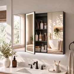 Armario de Baño con Espejo de LED Toma de Corriente 3 Puertas Antivaho Estantes Ajustables de Vidrio Templado Negro - Ogal.Es