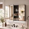 Armario de Baño con Espejo de LED Toma de Corriente 3 Puertas Antivaho Estantes Ajustables de Vidrio Templado Negro - Ogal.Es