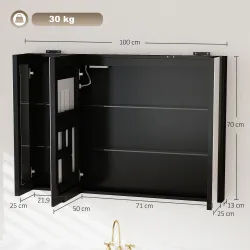 Armario de Baño con Espejo de LED Toma de Corriente 3 Puertas Antivaho Estantes Ajustables de Vidrio Templado Negro - Ogal.Es