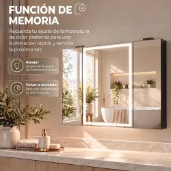 Armario de Baño con Espejo de LED Toma de Corriente 3 Puertas Antivaho Estantes Ajustables de Vidrio Templado Negro - Ogal.Es