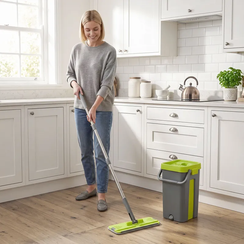 Set de Fregona Plana y Cubo con Escurridor 2 Compartimentos Cabezal 360° 5 Mopas Microfibra Uso Seco/Húmedo Gris... - Ogal.Es