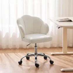 Silla de Oficina Forma de Pétalo con Ruedas de Terciopelo Función Basculante Asiento Ancho Altura Ajustable Crema - Ogal.Es