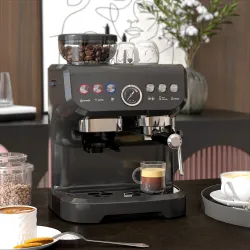 Cafetera Espresso 15 Bares 1600W con Molinillo de 15 Niveles y Vaporizador de Leche para Capuchino y Latte Negro - Ogal.Es