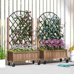 2 Jardineras de Madera Elevadas con Enrejado Metálico para Plantas Trepadoras y Flores 52x25x97 cm Marrón y Negro - Ogal.Es