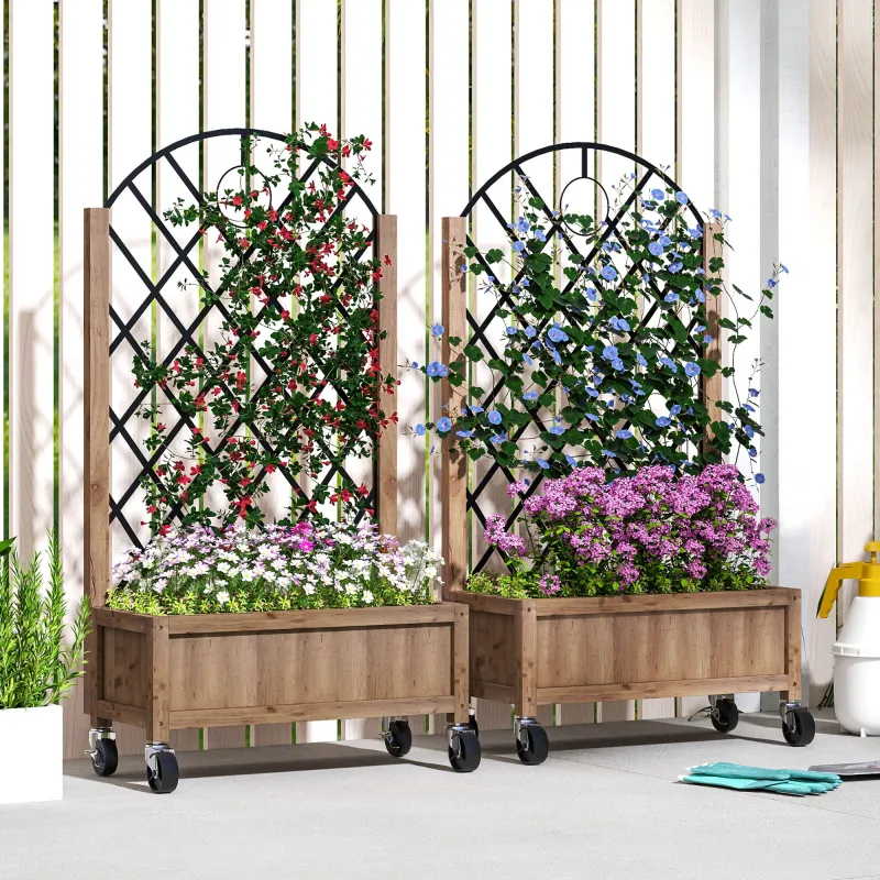 2 Jardineras de Madera Elevadas con Enrejado Metálico para Plantas Trepadoras y Flores 52x25x97 cm Marrón y Negro - Ogal.Es