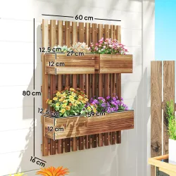 Jardinera de Pared de Madera con Enrejado y 3 Macetas Móviles para Jardín Terraza Patio 60x16x80 cm Carbonizado - Ogal.Es