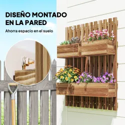 Jardinera de Pared de Madera con Enrejado y 3 Macetas Móviles para Jardín Terraza Patio 60x16x80 cm Carbonizado - Ogal.Es