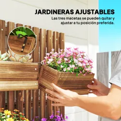 Jardinera de Pared de Madera con Enrejado y 3 Macetas Móviles para Jardín Terraza Patio 60x16x80 cm Carbonizado - Ogal.Es