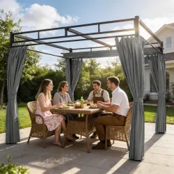 Pérgola de Jardín 3x3 m con Techo Retráctil y Cortinas Protección UV30+ Estructura Metálica para Patio Terraza Gris - Ogal.Es
