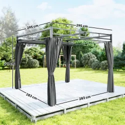 Pérgola de Jardín 3x3 m con Techo Retráctil y Cortinas Protección UV30+ Estructura Metálica para Patio Terraza Gris - Ogal.Es