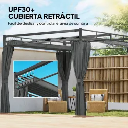 Pérgola de Jardín 3x3 m con Techo Retráctil y Cortinas Protección UV30+ Estructura Metálica para Patio Terraza Gris - Ogal.Es