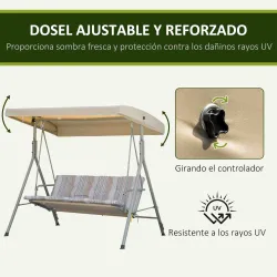 Balancín de Jardín Exterior Columpio de 3 Plazas con Toldo Ajustable y Marco de Acero 172x110x156 cm Marrón Claro - Ogal.Es