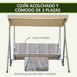 Balancín de Jardín Exterior Columpio de 3 Plazas con Toldo Ajustable y Marco de Acero 172x110x156 cm Marrón Claro - Ogal.Es