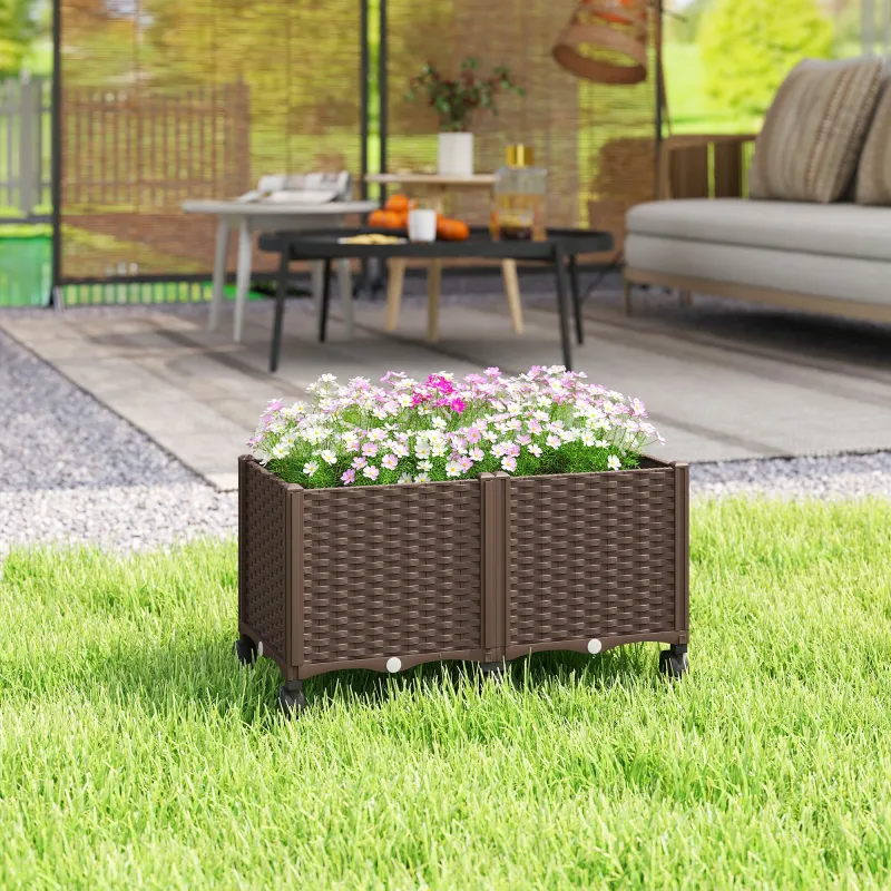 Jardinera Elevada con 6 Ruedas Riego Automático y Drenaje Macetero Exterior para Jardín 80x40x43 cm Marrón - Ogal.Es