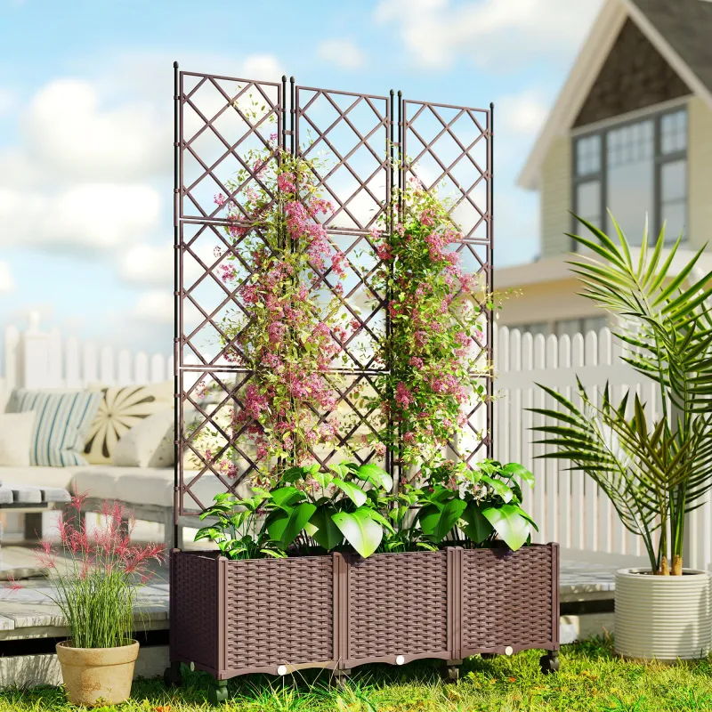 Jardinera con Enrejado y Ruedas con Drenaje para Cultivos Verduras Flores Hierbas 120x40x192 cm Marrón - Ogal.Es