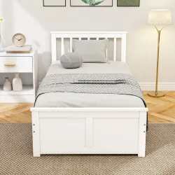 Estructura de Cama 90 x 190 cm en Madera Maciza, 2 Cajones con Ruedas, Cabecero, Pie de Cama, Somier de Lamas, ... - Ogal.Es