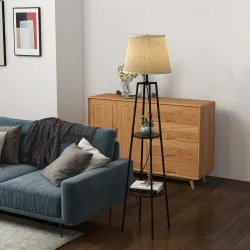 Lámpara de Pie con 2 Estantes de Almacenamiento con Base E27 40W Interruptor de Cadena Pantalla de Tela Marrón - Ogal.Es