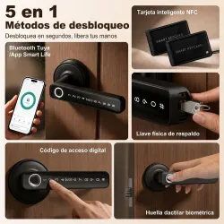 Cerradura Inteligente con Manilla 5 en 1 con Huella Código App Bluetooth Tarjeta NFC y Llave Registro de Accesos... - Ogal.Es