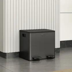 Papelera Cocina de Acero Inoxidable con 2 Compartimentos 2x15L Pedal Tapas de Cierre Suave y Cubo Extraíble Negro - Ogal.Es