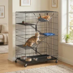 Jaula para gatos de 4 niveles con hamaca, cama, rampas y plataformas en metal con ruedas y bandeja extraíble, Negro - Ogal.Es