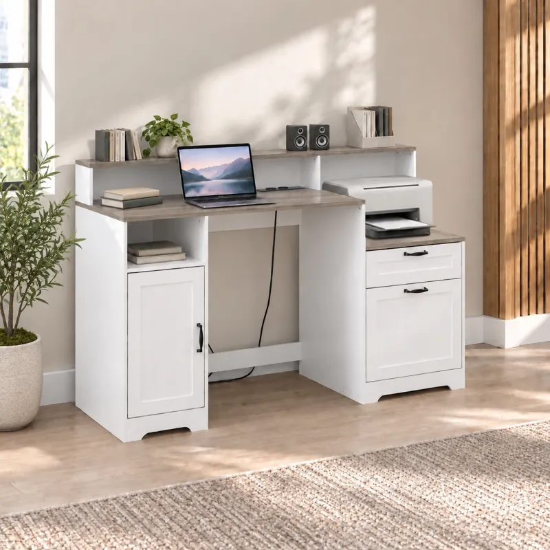 Escritorio 140 cm con Estación de Carga Cajones y Armario Enchufes Soporte para Impresora y Monitor Marrón y Blanco - Ogal.Es