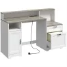 Escritorio 140 cm con Estación de Carga Cajones y Armario Enchufes Soporte para Impresora y Monitor Marrón y Blanco - Ogal.Es