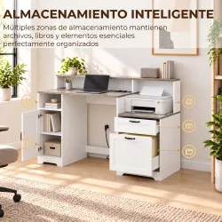 Escritorio 140 cm con Estación de Carga Cajones y Armario Enchufes Soporte para Impresora y Monitor Marrón y Blanco - Ogal.Es
