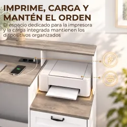 Escritorio 140 cm con Estación de Carga Cajones y Armario Enchufes Soporte para Impresora y Monitor Marrón y Blanco - Ogal.Es