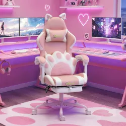 Silla Gaming con Orejas de Gato Respaldo Reclinable 90-135° Reposapiés Extraíble Cojín Lumbar y Reposacabezas Rosa - Ogal.Es