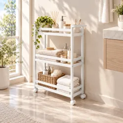 Estantería de Baño de Bambú de 3 Niveles Carrito Auxiliar de Almacenaje con Ruedas 55x20x75 cm Blanco - Ogal.Es