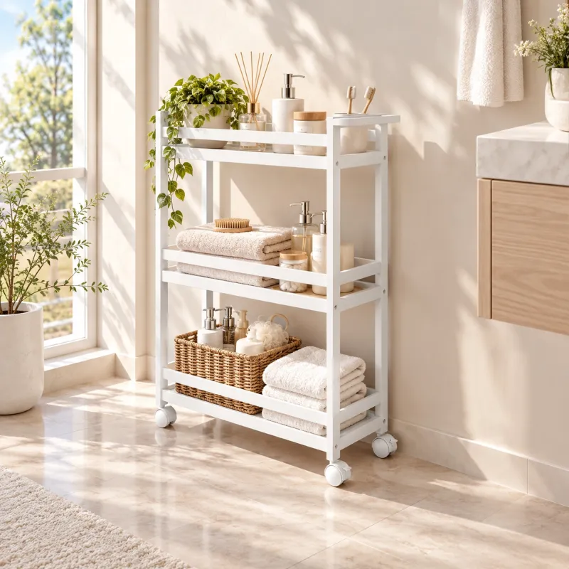 Estantería de Baño de Bambú de 3 Niveles Carrito Auxiliar de Almacenaje con Ruedas 55x20x75 cm Blanco - Ogal.Es