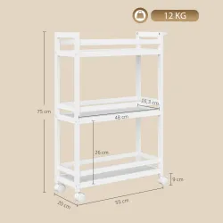 Estantería de Baño de Bambú de 3 Niveles Carrito Auxiliar de Almacenaje con Ruedas 55x20x75 cm Blanco - Ogal.Es