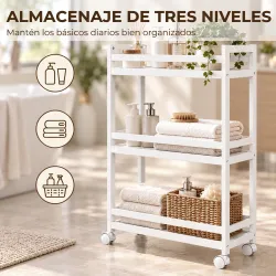 Estantería de Baño de Bambú de 3 Niveles Carrito Auxiliar de Almacenaje con Ruedas 55x20x75 cm Blanco - Ogal.Es