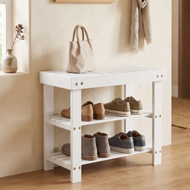 Banco Zapatero de Bambú con Asiento y 2 Estantes para 4 Pares para Entrada Salón Dormitorio 50x28x45 cm Blanco - Ogal.Es